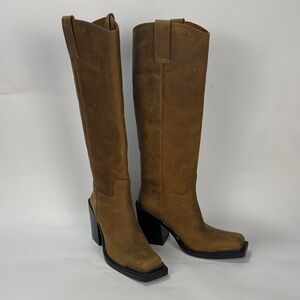 Jeffrey Campbell Verana Tall Tan Leather Square-Toe Block Heel Boots 7.5